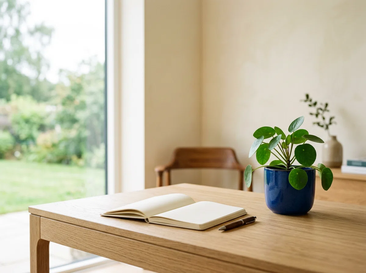 Onze werkplek Schoon werkruimte met planten en notitieboek op tafel